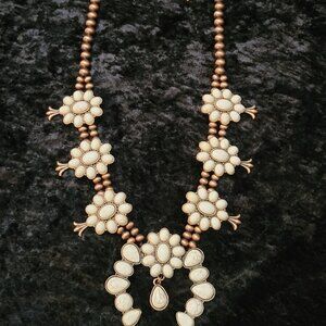 Faux White Turquoise Squash Blossom Necklace and Earring Set